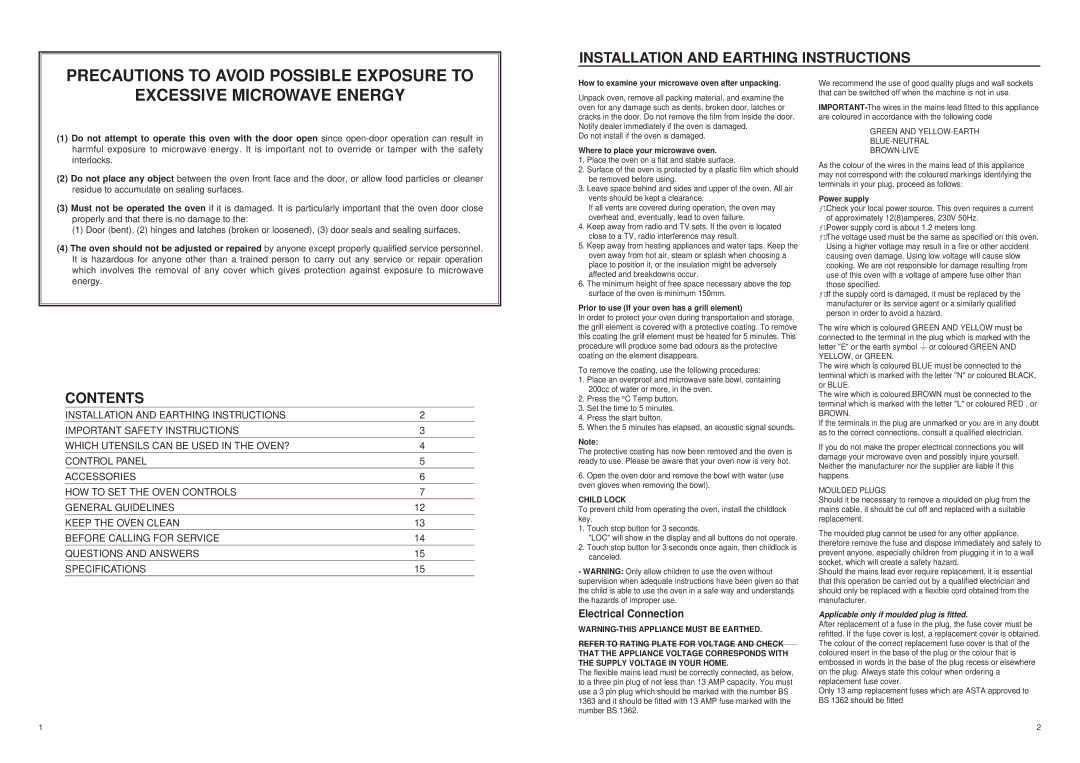 Daewoo KOC980T manual Installation and Earthing Instructions, Contents 