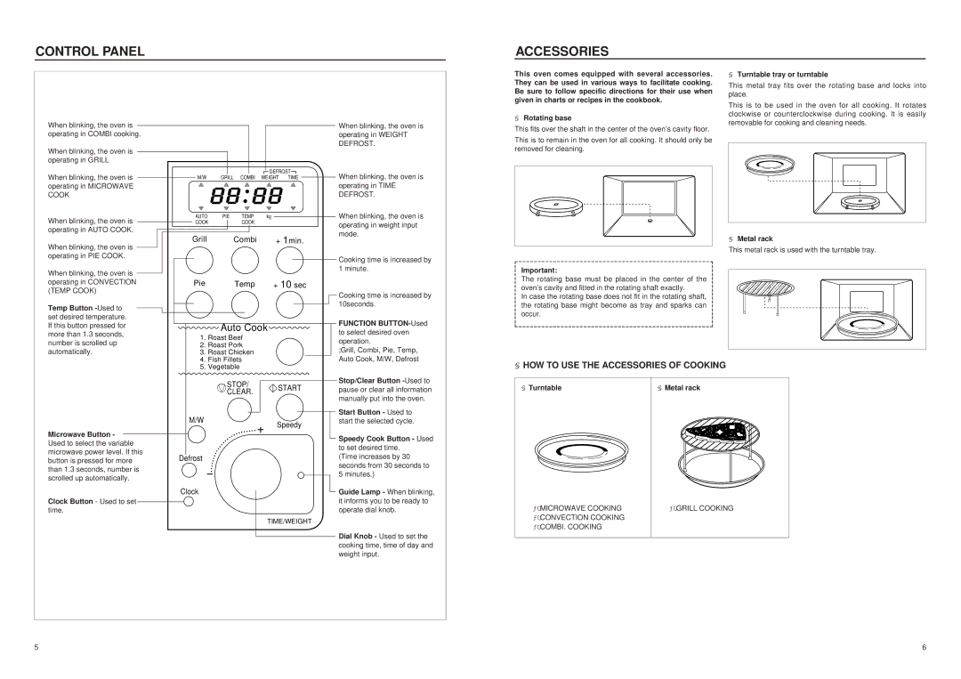 Daewoo KOC980T manual Control Panel Accessories, § HOW to USE the Accessories of Cooking 