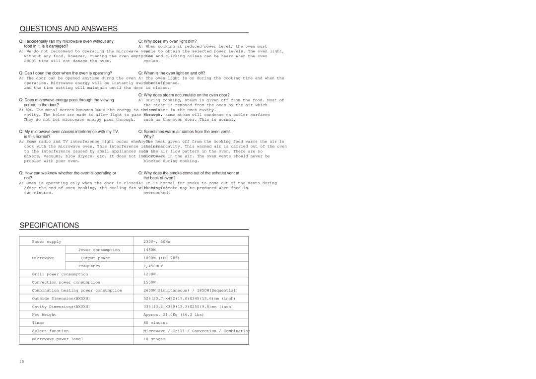 Daewoo KOC980T manual Questions and Answers, Specifications 