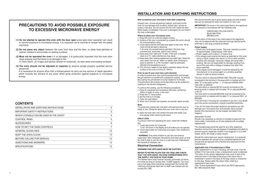 Daewoo KOC985T manual Installation and Earthing Instructions, Contents 