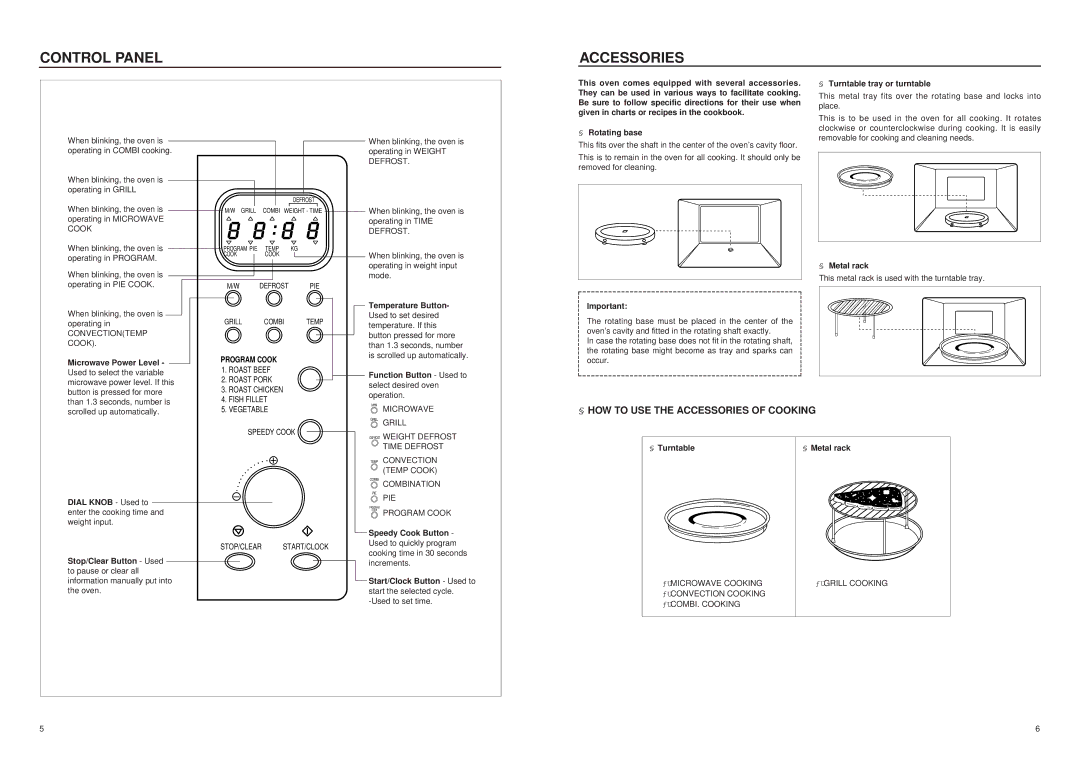 Daewoo KOC985T manual Control Panel Accessories, § HOW to USE the Accessories of Cooking, Program Cook 