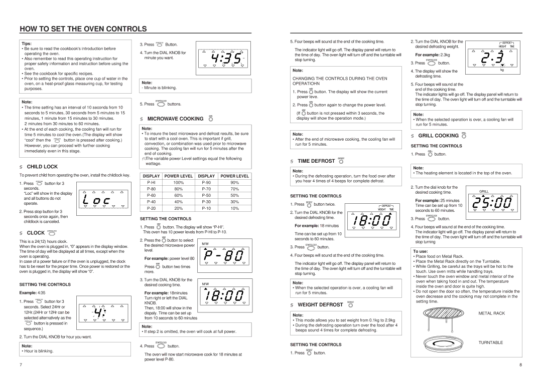 Daewoo KOC985T HOW to SET the Oven Controls, § Microwave Cooking, § Child Lock, § Time Defrost Defrost, § Weight Defrost 