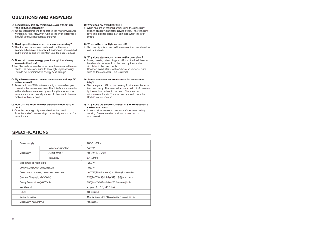 Daewoo KOC985T manual Questions and Answers, Specifications 