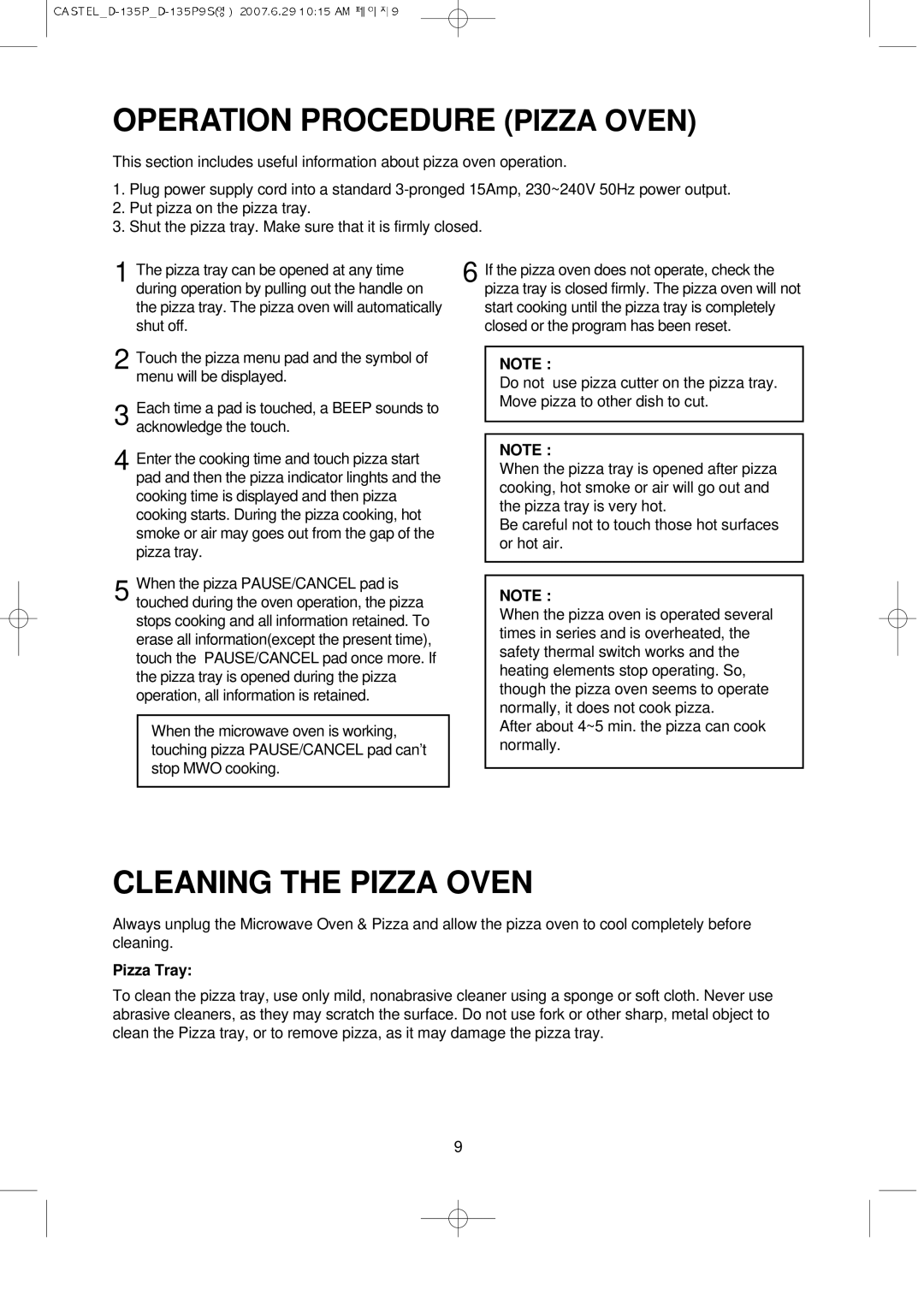 Daewoo KOD-135P manual Operation Procedure Pizza Oven, Cleaning the Pizza Oven 