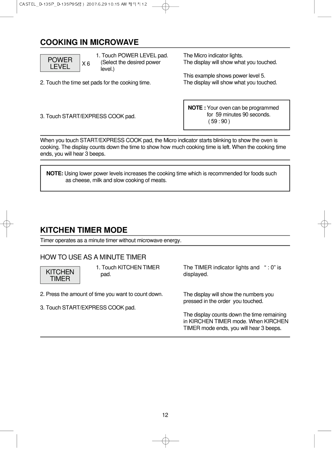 Daewoo KOD-135P manual Cooking in Microwave, Kitchen Timer Mode, HOW to USE AS a Minute Timer 