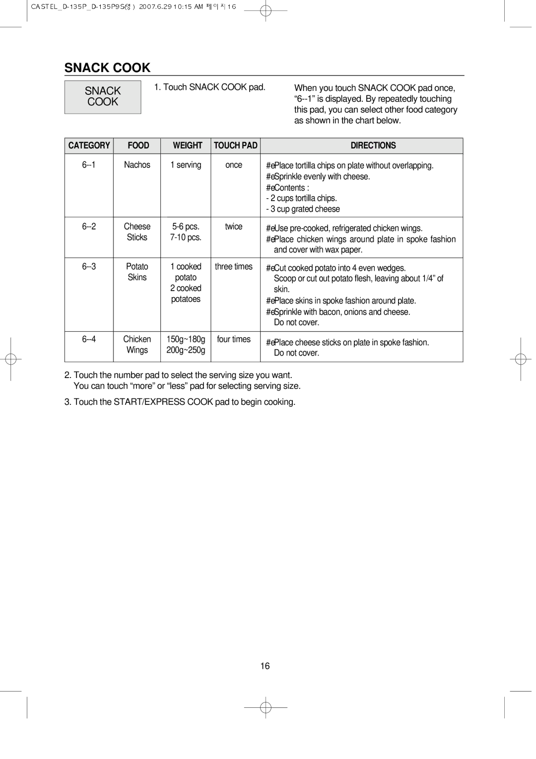 Daewoo KOD-135P manual Snack Cook 