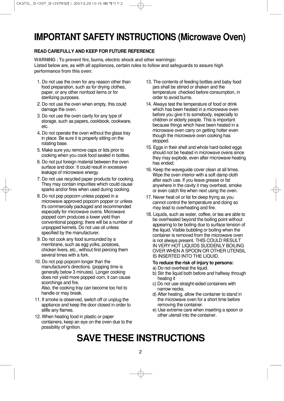 Daewoo KOD-135P manual Read Carefully and Keep for Future Reference, To reduce the risk of injury to persons 