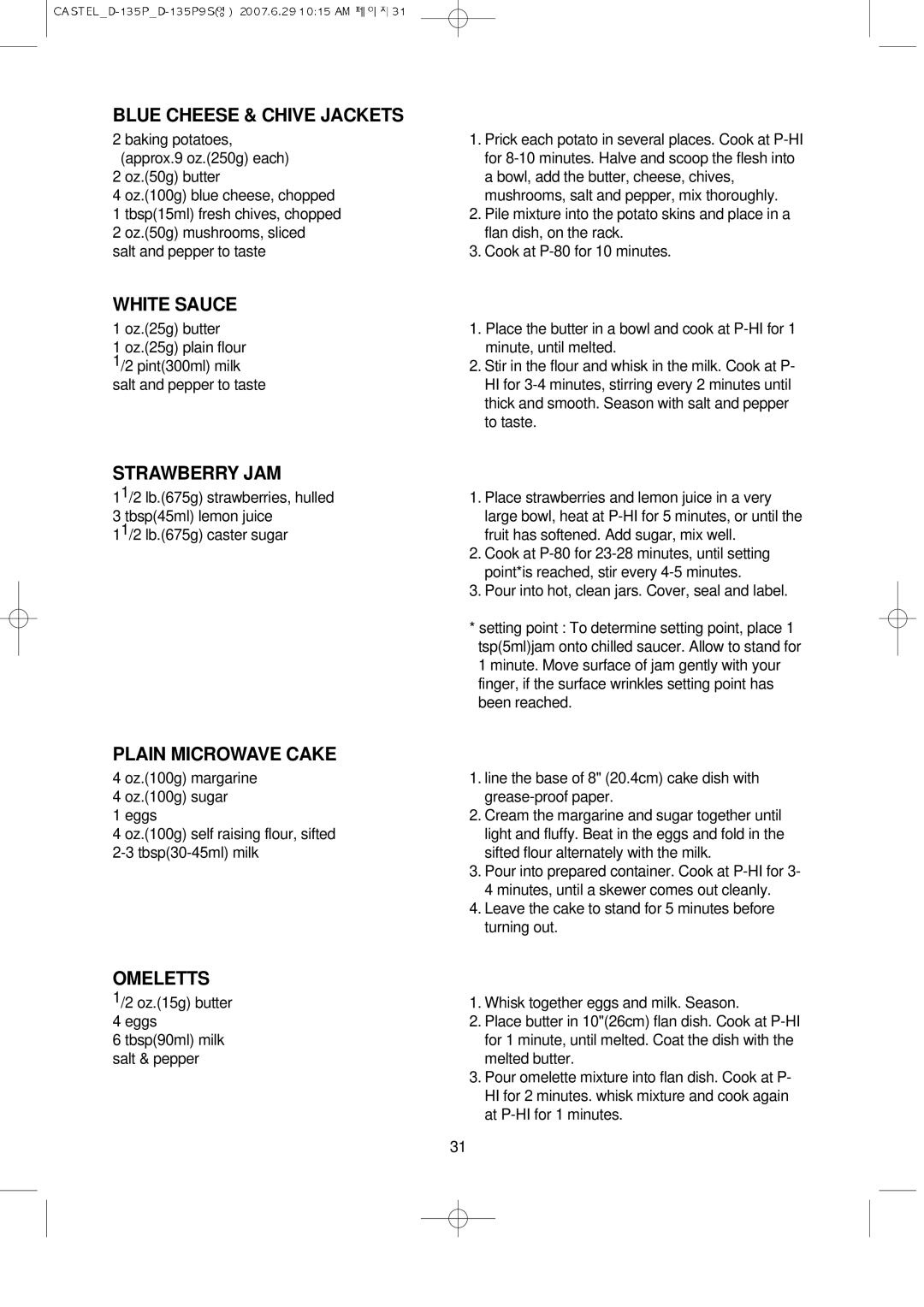 Daewoo KOD-135P manual Blue Cheese & Chive Jackets, White Sauce, Strawberry JAM, Plain Microwave Cake, Omeletts 