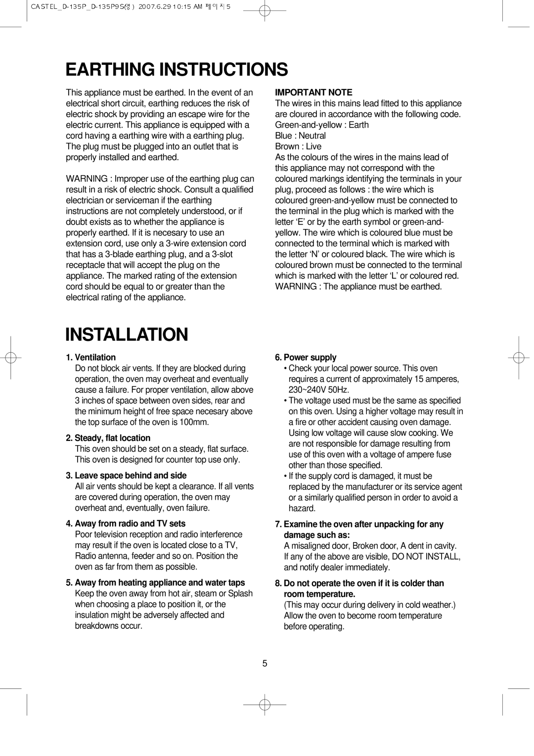 Daewoo KOD-135P manual Earthing Instructions, Installation, Important Note 