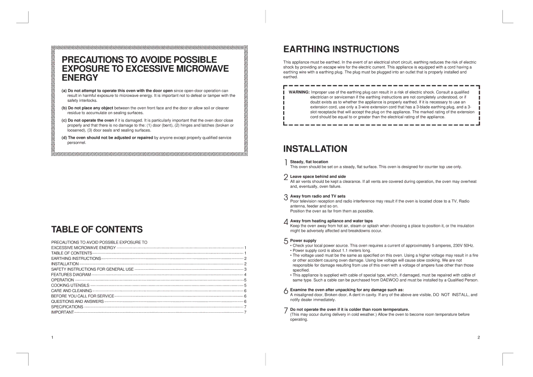 Daewoo KOG-3667 manual Earthing Instructions, Installation, Table of Contents 