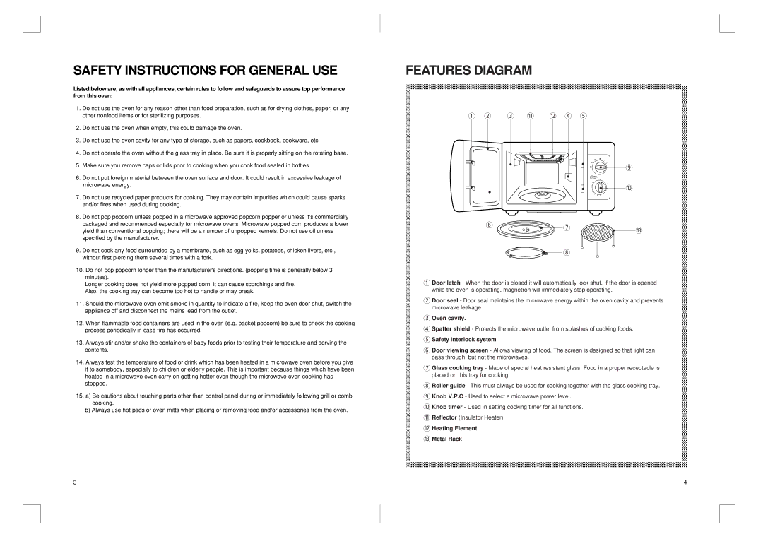 Daewoo KOG-3667 manual Safety Instructions for General USE, Features Diagram, Oven cavity, Safety interlock system 