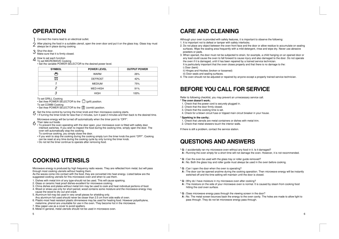 Daewoo KOG-3667 manual Operation, Cooking Utensils, Care and Cleaning, Before YOU Call for Service, Questions and Answers 