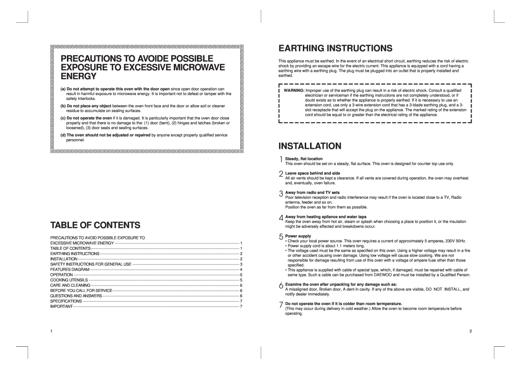 Daewoo KOG-3667 Precautions To Avoide Possible Exposure To Excessive Microwave Energy, Earthing Instructions, Installation 