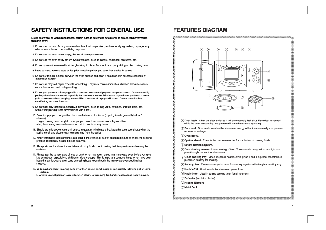Daewoo KOG-3667 manual Safety Instructions For General Use, Features Diagram, Oven cavity, Safety interlock system 