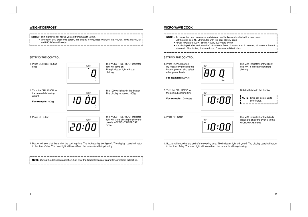 Daewoo KOG-366T manual Weight Defrost, Micro Wave Cook, For example 800WATT, For example 1000g, For example 10minutes 