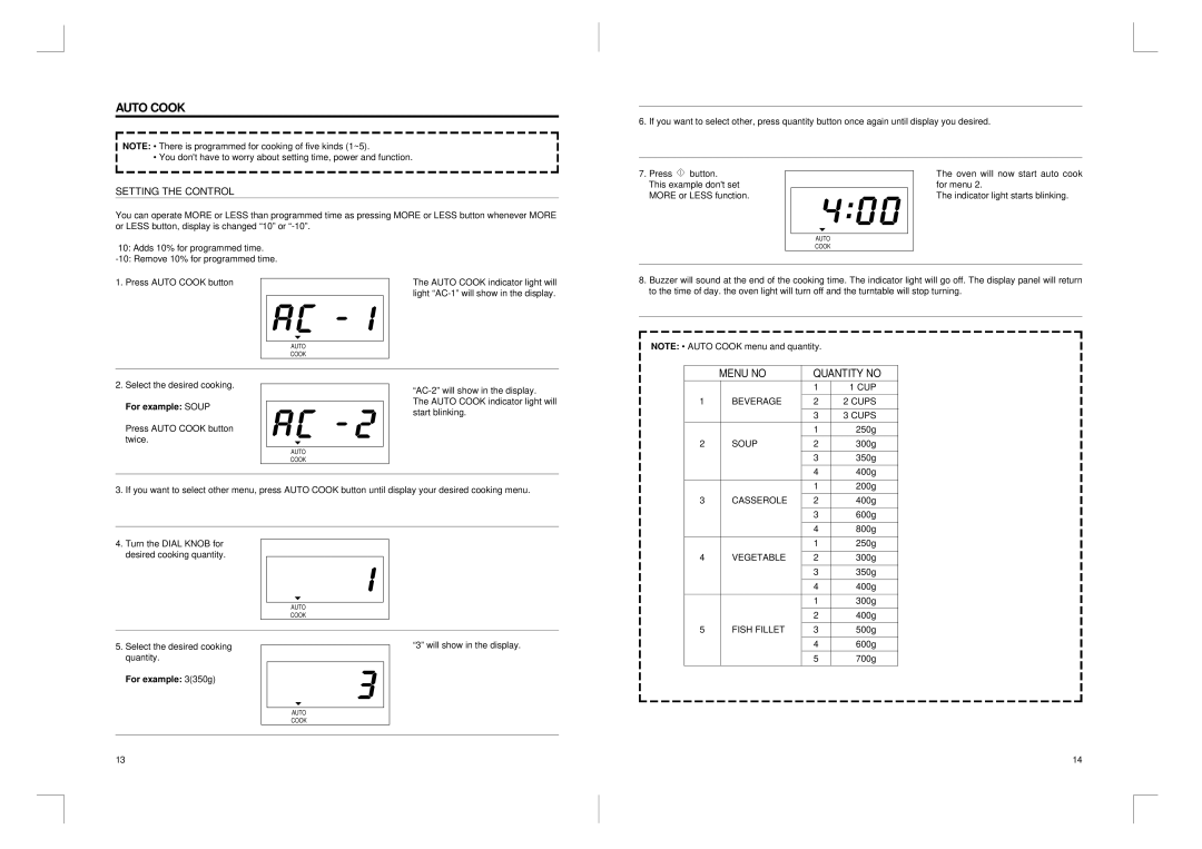 Daewoo KOG-366T manual Auto Cook, For example 3350g 