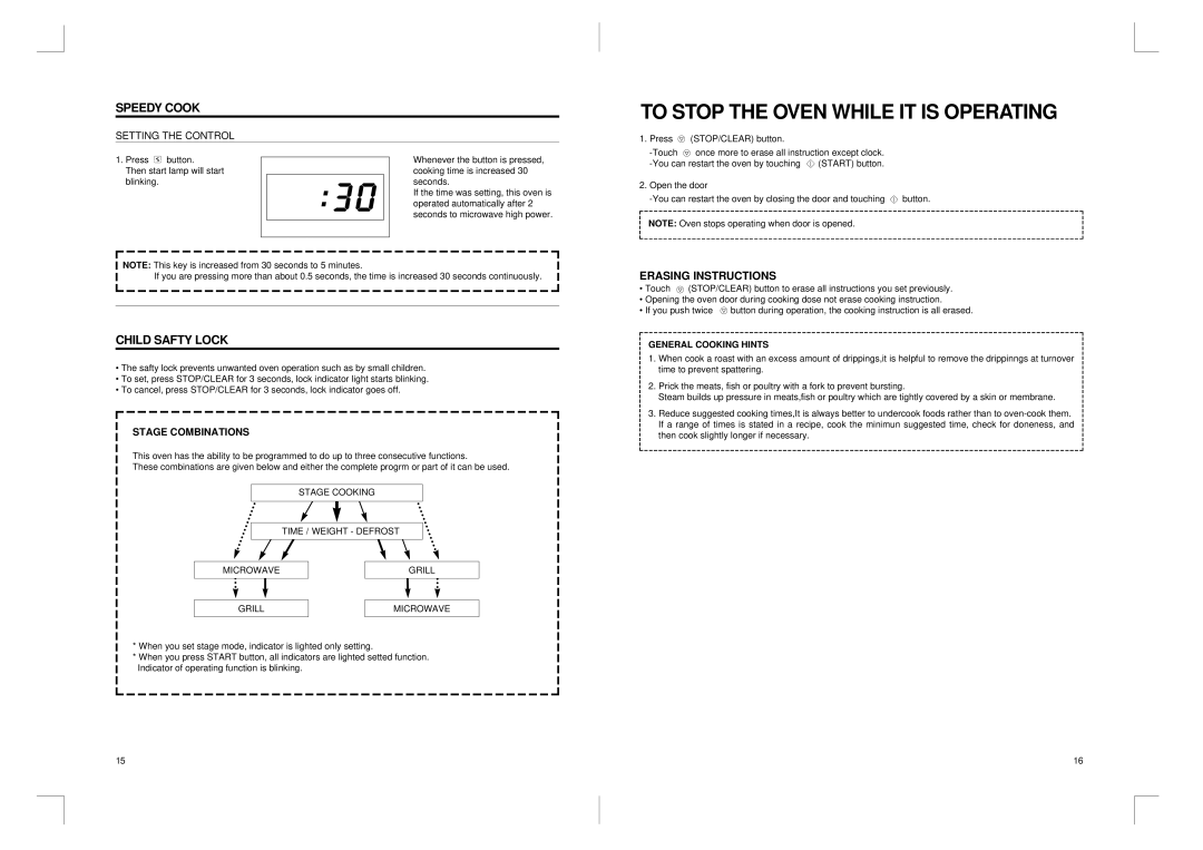 Daewoo KOG-366T manual To Stop the Oven While IT is Operating, Speedy Cook, Child Safty Lock, Grill Microwave 