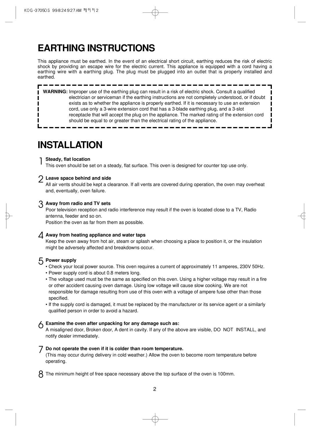 Daewoo KOG-3705 operating instructions Earthing Instructions, Installation 