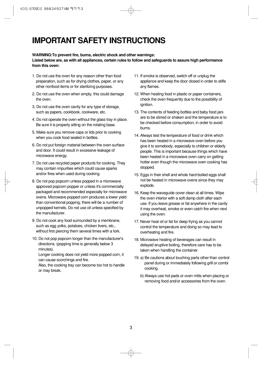 Daewoo KOG-3705 Important Safety Instructions, Do not use the oven when empty, this could damage the oven 