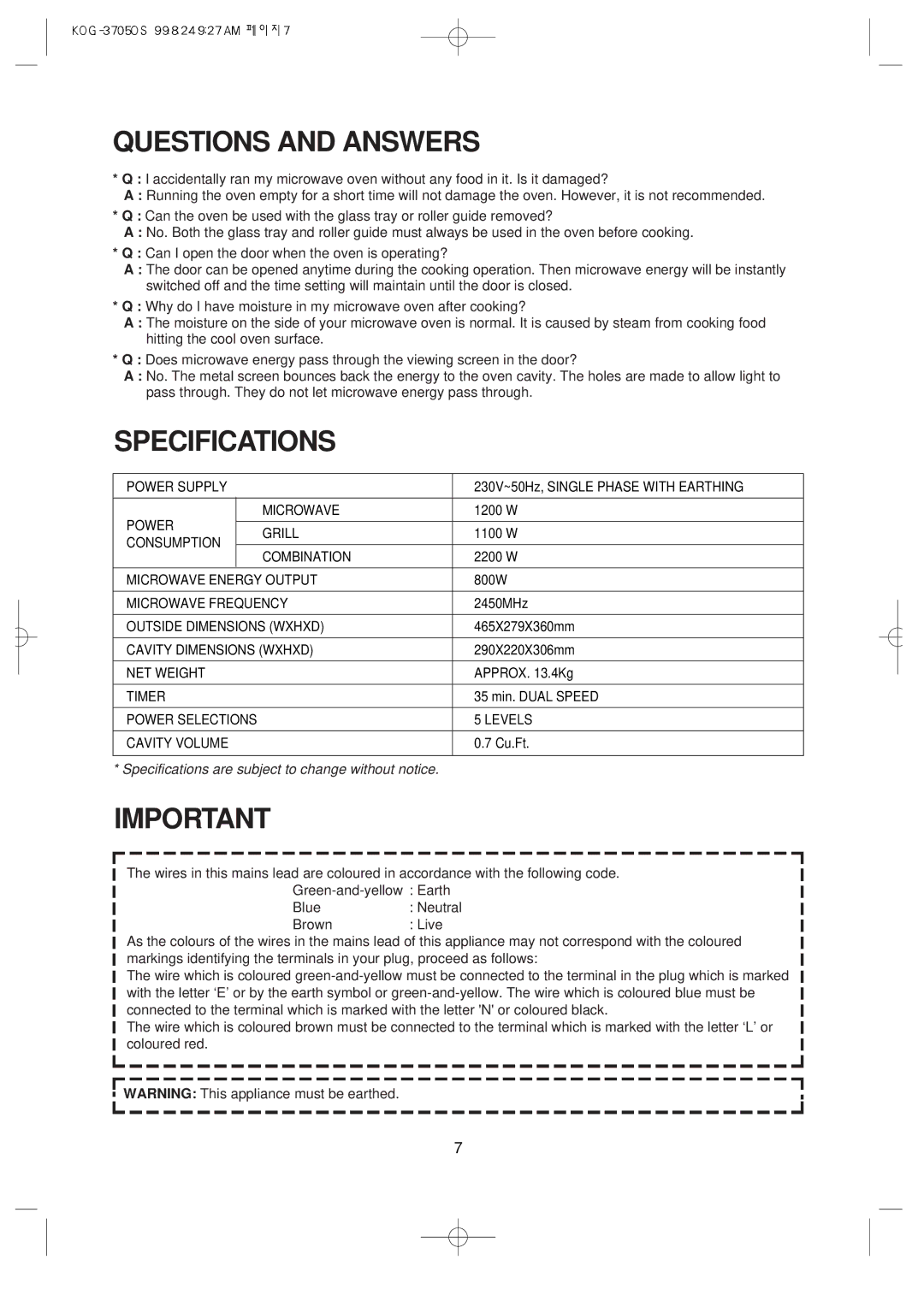 Daewoo KOG-3705 operating instructions Questions and Answers, Specifications 