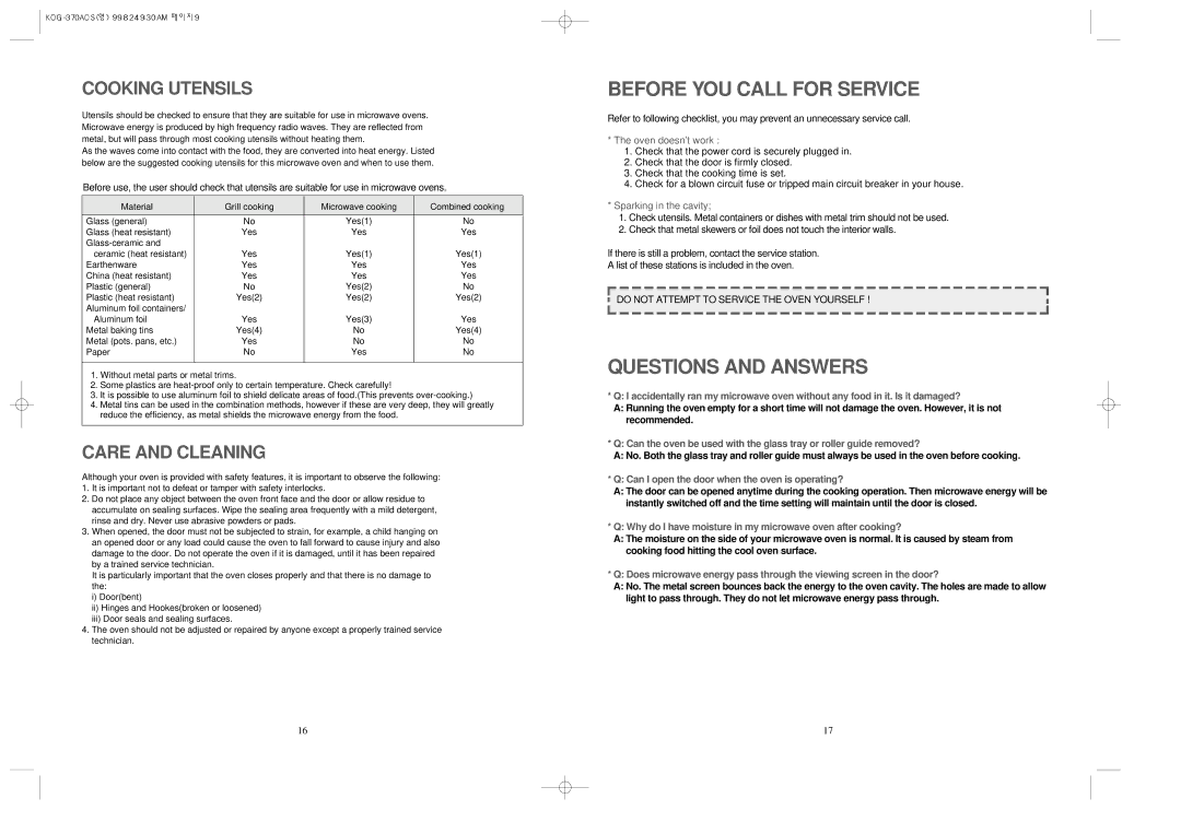 Daewoo KOG-370A manual Before YOU Call for Service, Questions and Answers 