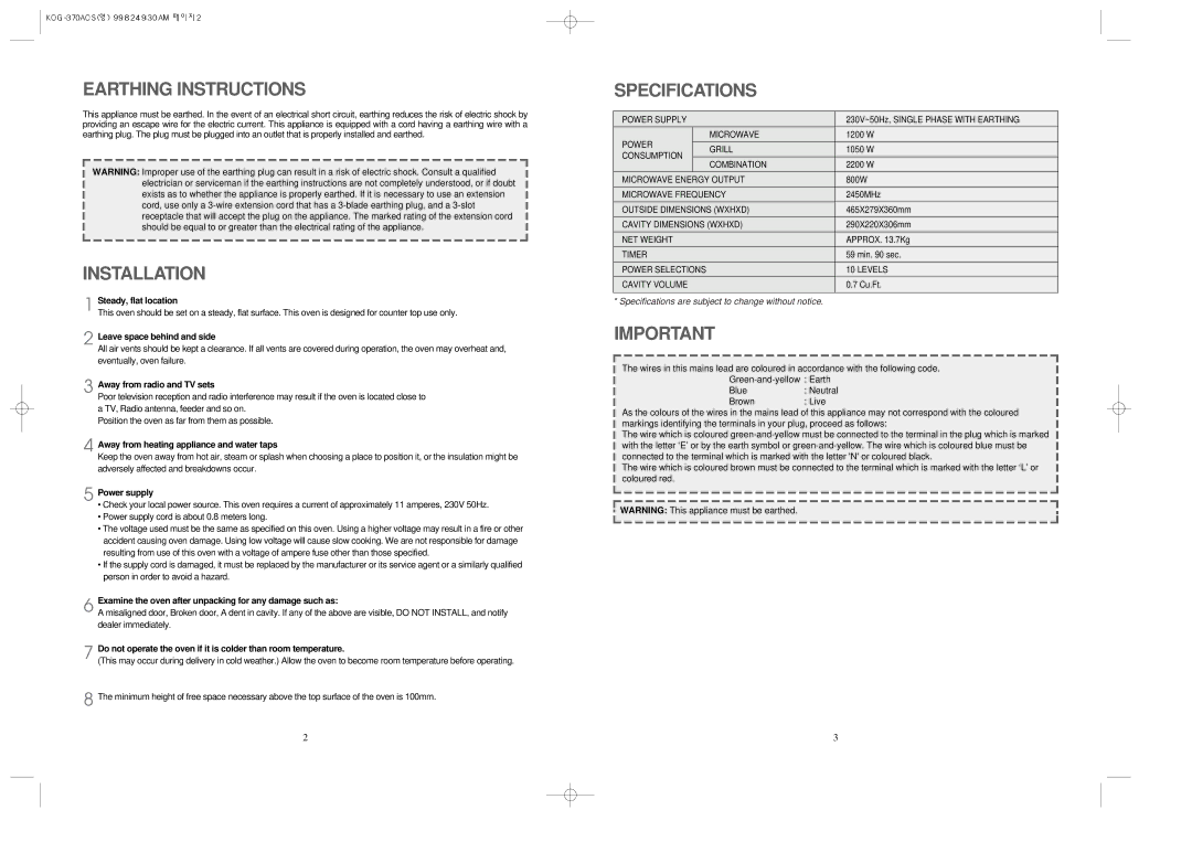 Daewoo KOG-370A manual Earthing Instructions 