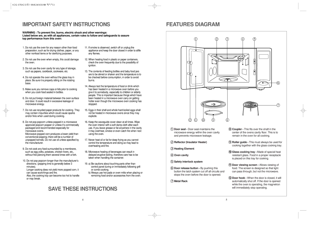 Daewoo KOG-370A manual Features Diagram, Important Safety Instructions 