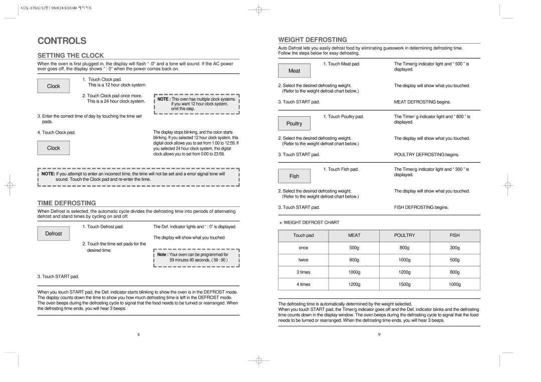 Daewoo KOG-370A manual Controls, Setting the Clock Weight Defrosting, Time Defrosting 