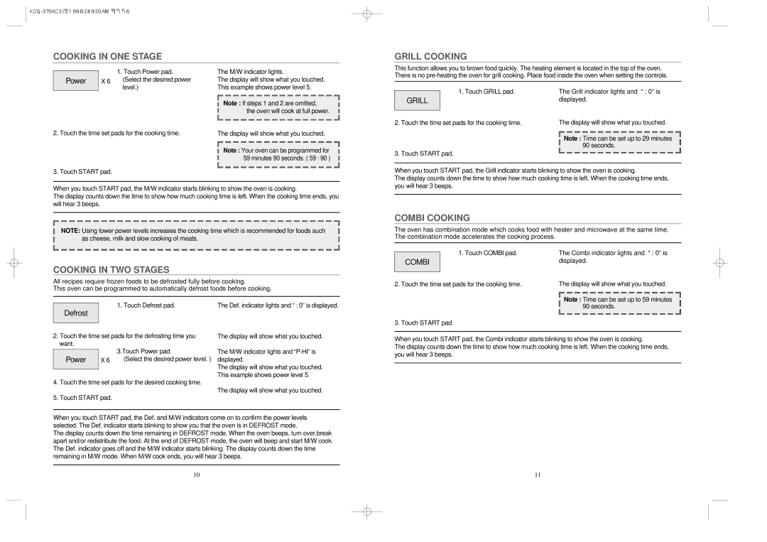 Daewoo KOG-370A manual Cooking in ONE Stage, Grill Cooking, Combi Cooking, Cooking in TWO Stages 