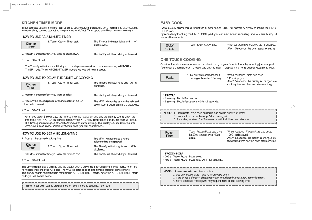 Daewoo KOG-370A manual Kitchen Timer Mode, Easy Cook, ONE Touch Cooking 