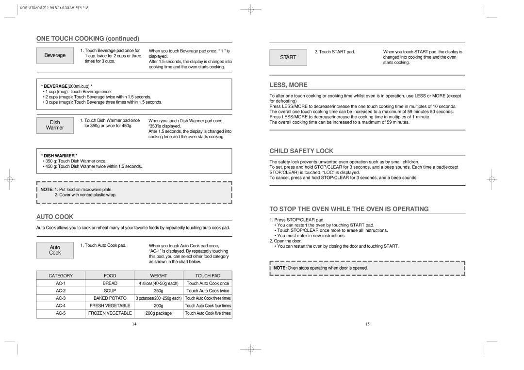 Daewoo KOG-370A manual Auto Cook, LESS, More, Child Safety Lock, To Stop the Oven While the Oven is Operating, Start 