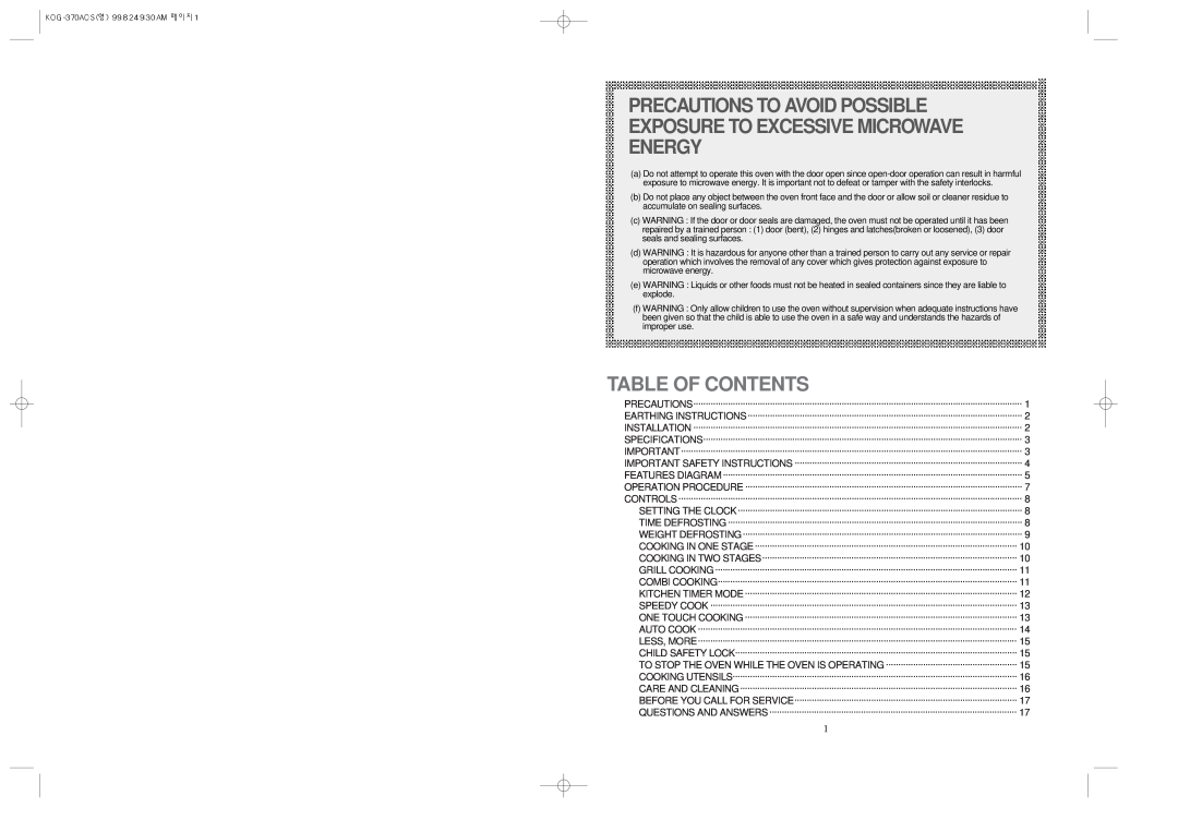 Daewoo KOG-370A manual Table Of Contents 
