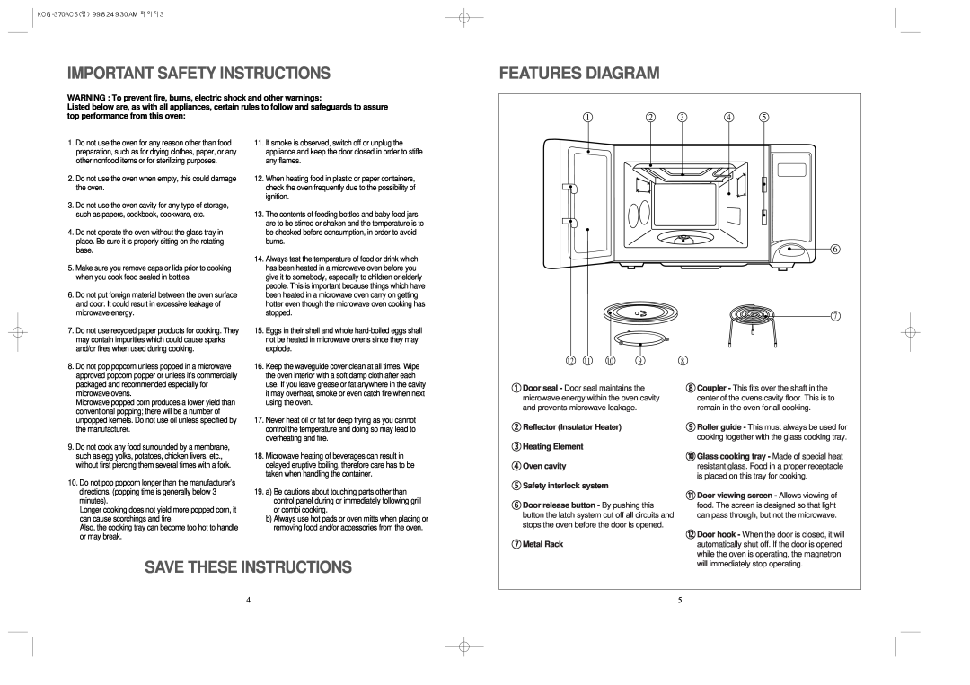 Daewoo KOG-370A manual Features Diagram, Important Safety Instructions, Save These Instructions 