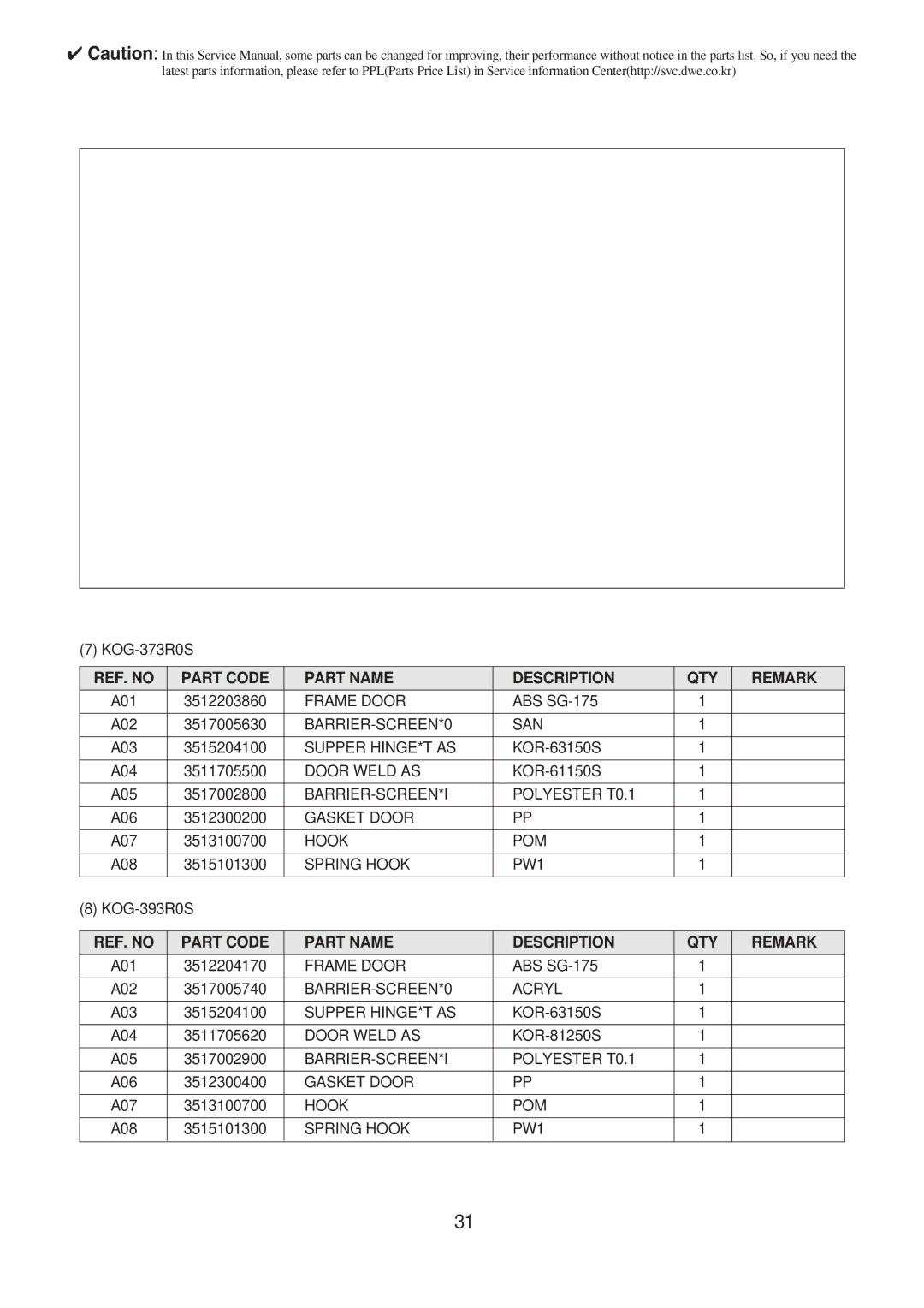 Daewoo KOG-391H0S, KOG-371H0S, KOG-373R0S, KOG-374R0S, KOG-375R0S, KOG-393R0S, KOG-391G0S, KOG-376T1S BARRIER-SCREEN*0 SAN 