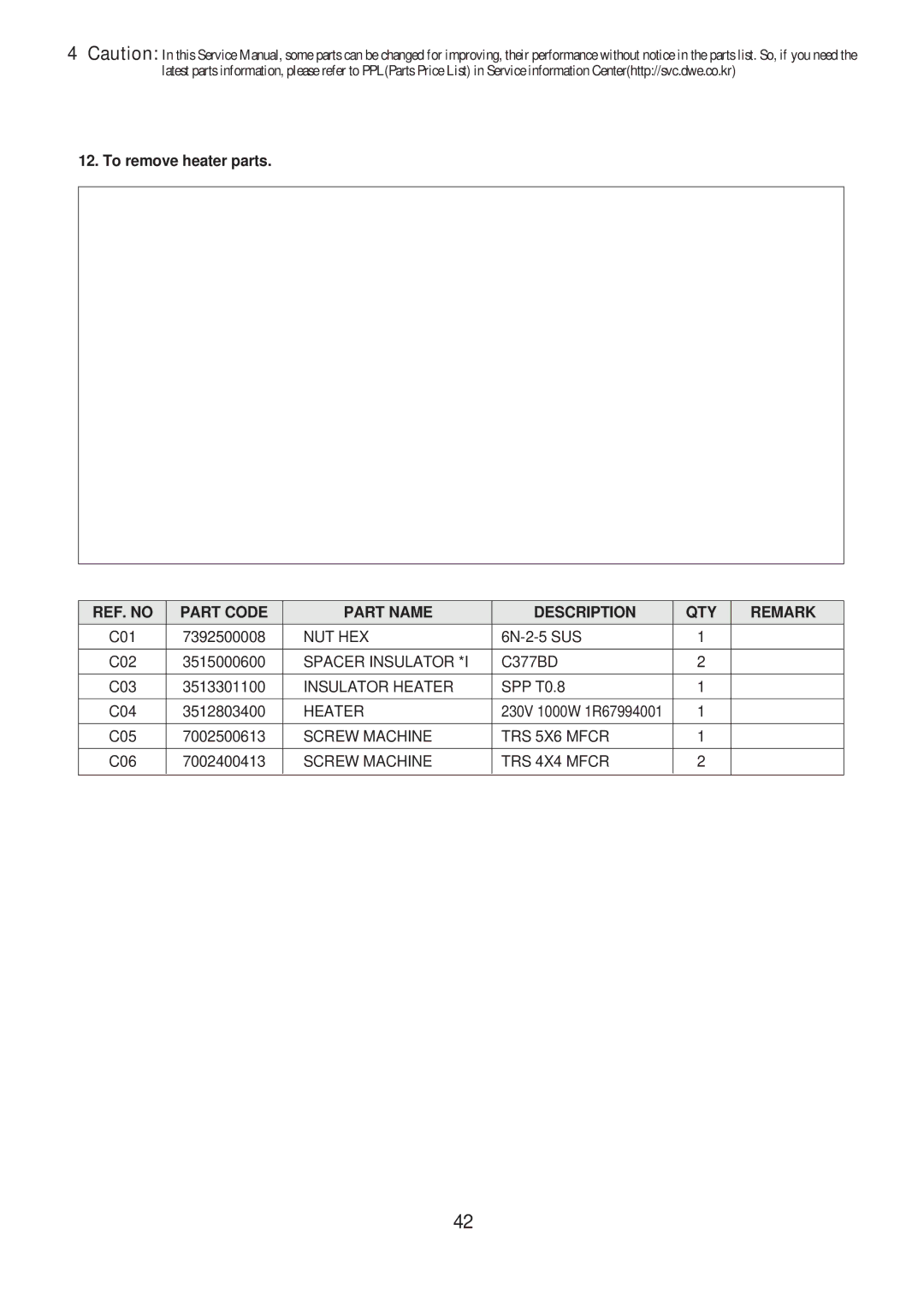 Daewoo KOG-376T1S, KOG-371H0S, KOG-373R0S To remove heater parts, REF. no Part Code Part Name Description QTY Remark 