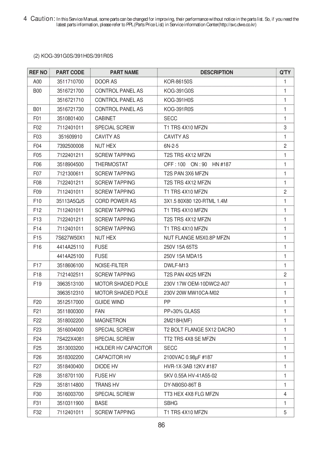 Daewoo KOG-391G0S, KOG-371H0S, KOG-373R0S, KOG-374R0S, KOG-375R0S, KOG-393R0S, KOG-391H0S, KOG-376T1S service manual KOR-86150S 