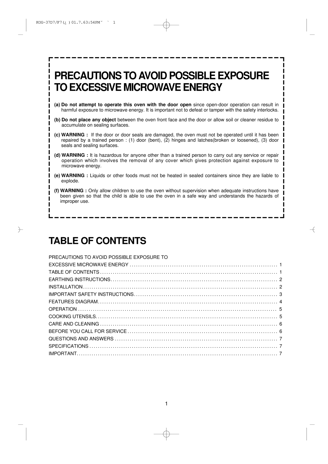 Daewoo KOG-37D7/F7 manual Table of Contents 