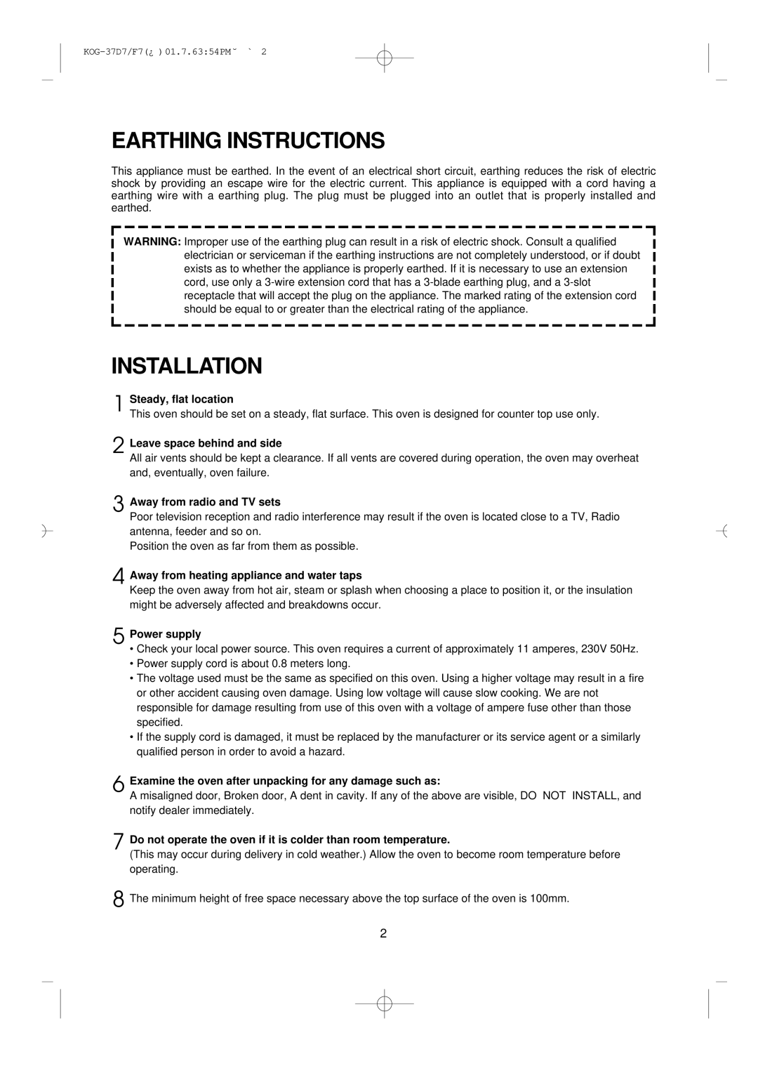 Daewoo KOG-37D7/F7 manual Earthing Instructions, Installation 