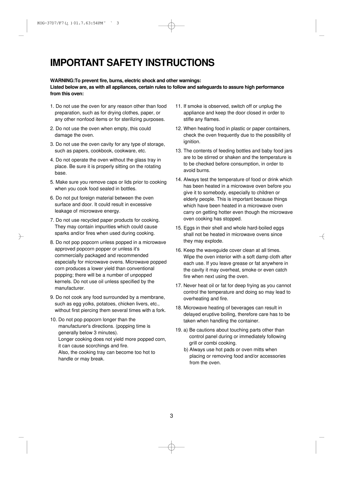 Daewoo KOG-37D7/F7 manual Important Safety Instructions, Do not use the oven when empty, this could damage the oven 