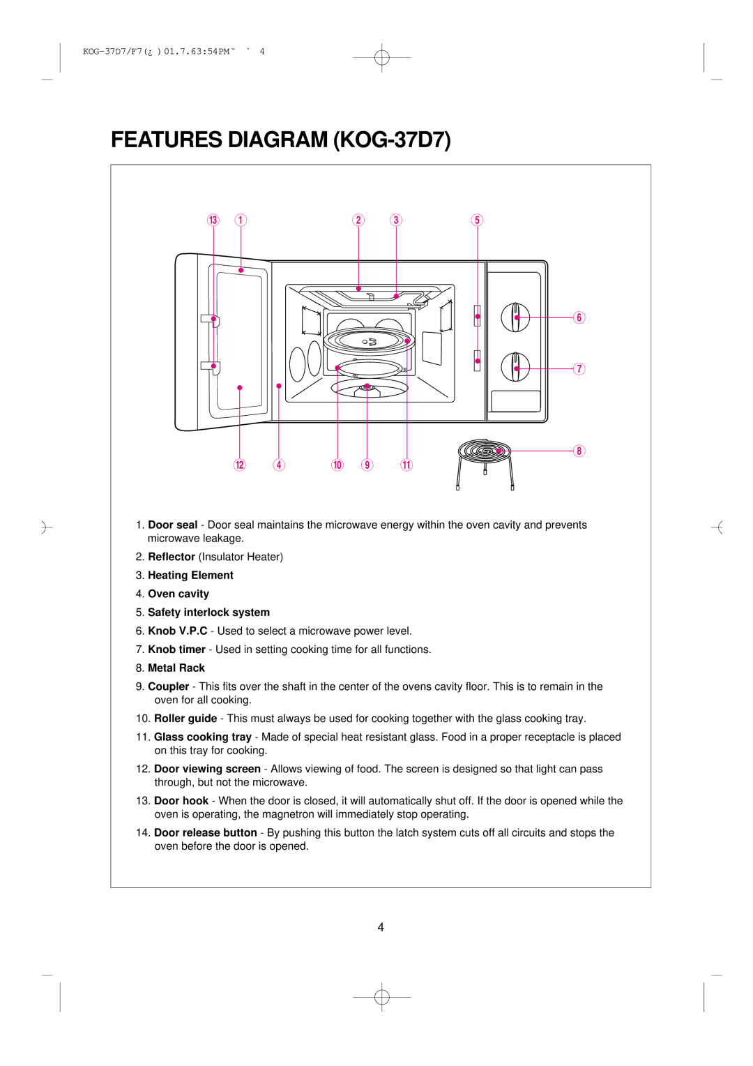 Daewoo KOG-37D7/F7 manual Features Diagram KOG-37D7, Heating Element Oven cavity Safety interlock system, Metal Rack 