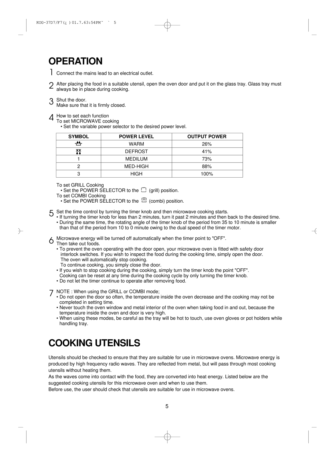 Daewoo KOG-37D7/F7 manual Operation, Cooking Utensils 