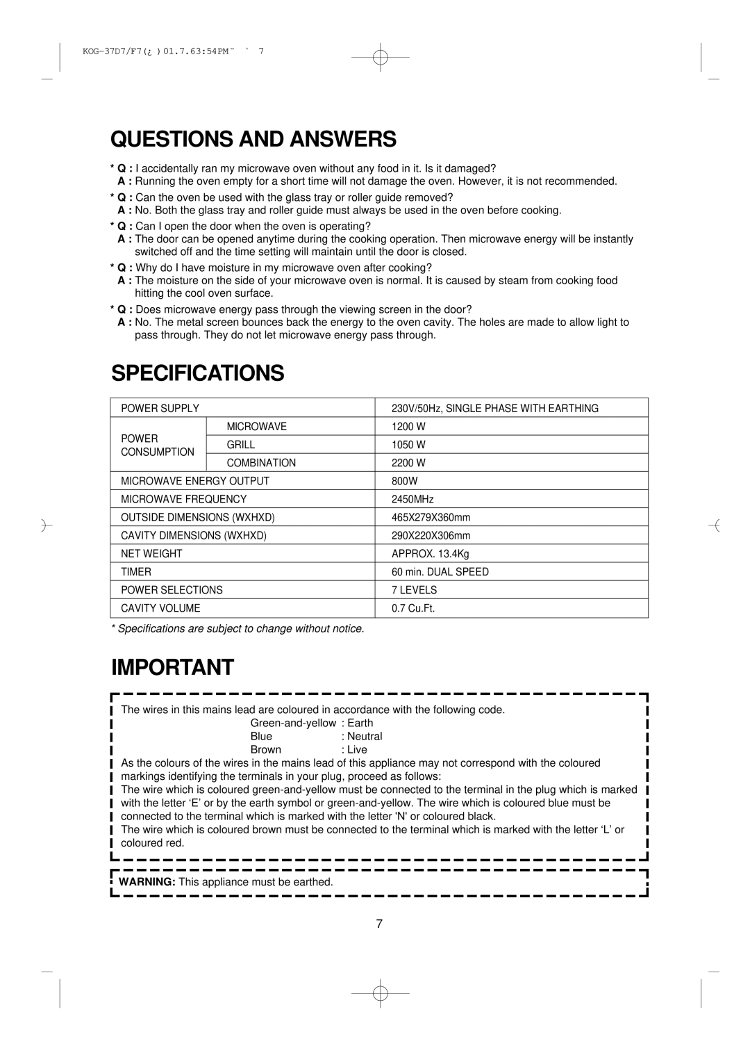 Daewoo KOG-37D7/F7 manual Questions and Answers, Specifications 