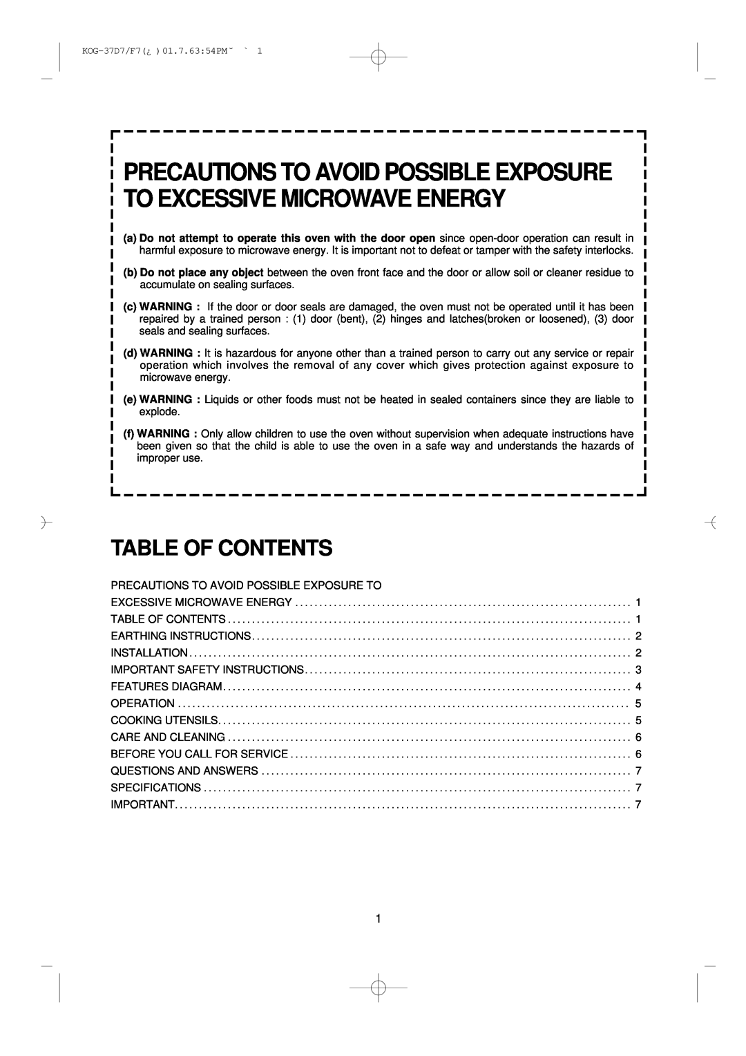 Daewoo KOG-37D7/F7 manual Table Of Contents, Precautions To Avoid Possible Exposure To Excessive Microwave Energy 