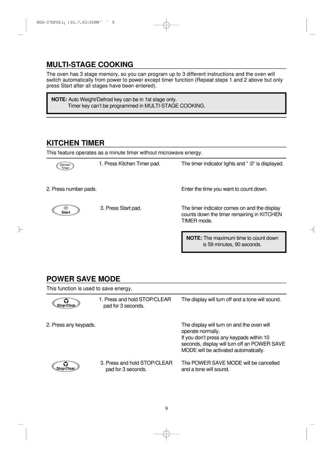 Daewoo KOG-37DP0S manual MULTI-STAGE Cooking, Kitchen Timer, Power Save Mode 