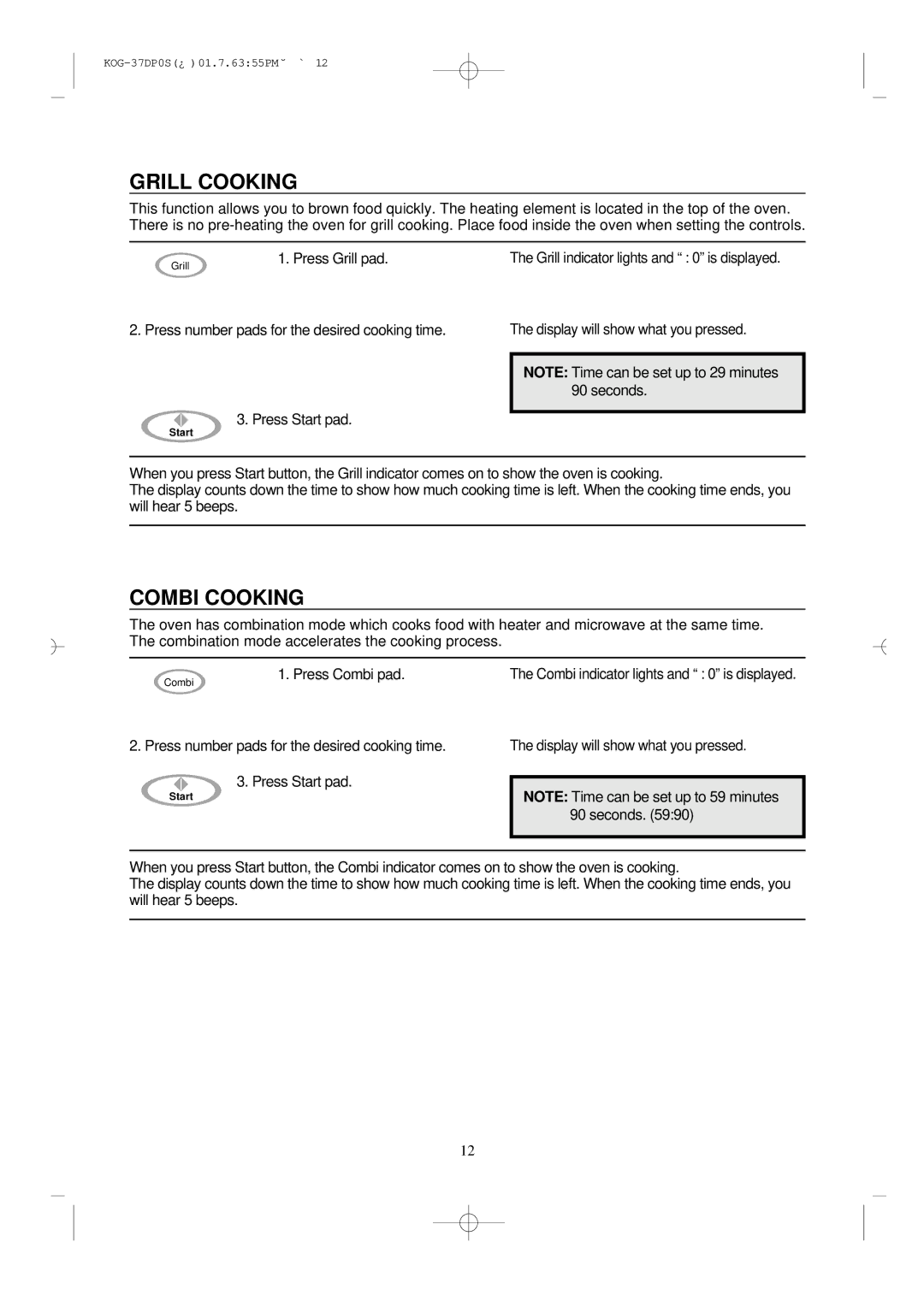 Daewoo KOG-37DP0S Grill Cooking, Combi Cooking, Press Grill pad, Press number pads for the desired cooking time, Seconds 