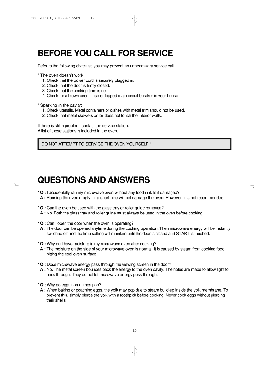 Daewoo KOG-37DP0S manual Before YOU Call for Service, Questions and Answers 