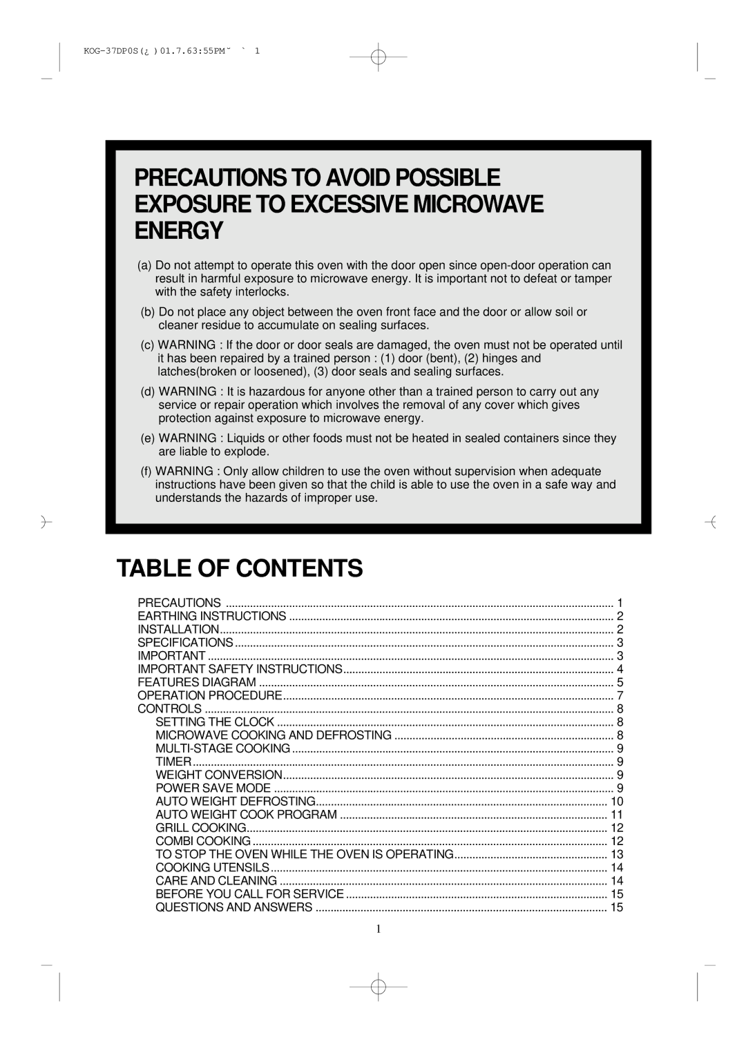 Daewoo KOG-37DP0S manual Table of Contents 