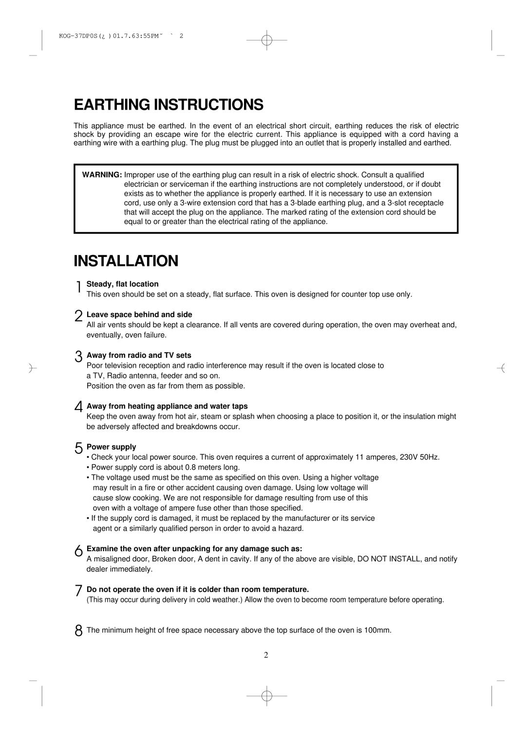 Daewoo KOG-37DP0S manual Earthing Instructions 