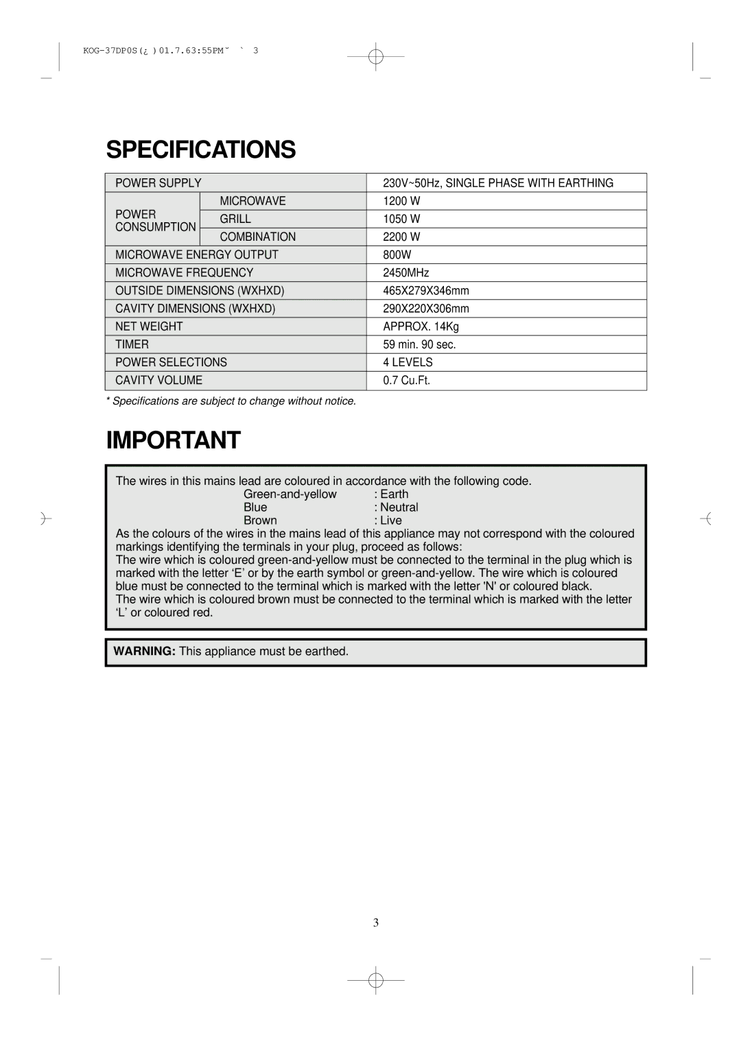 Daewoo KOG-37DP0S manual Specifications 