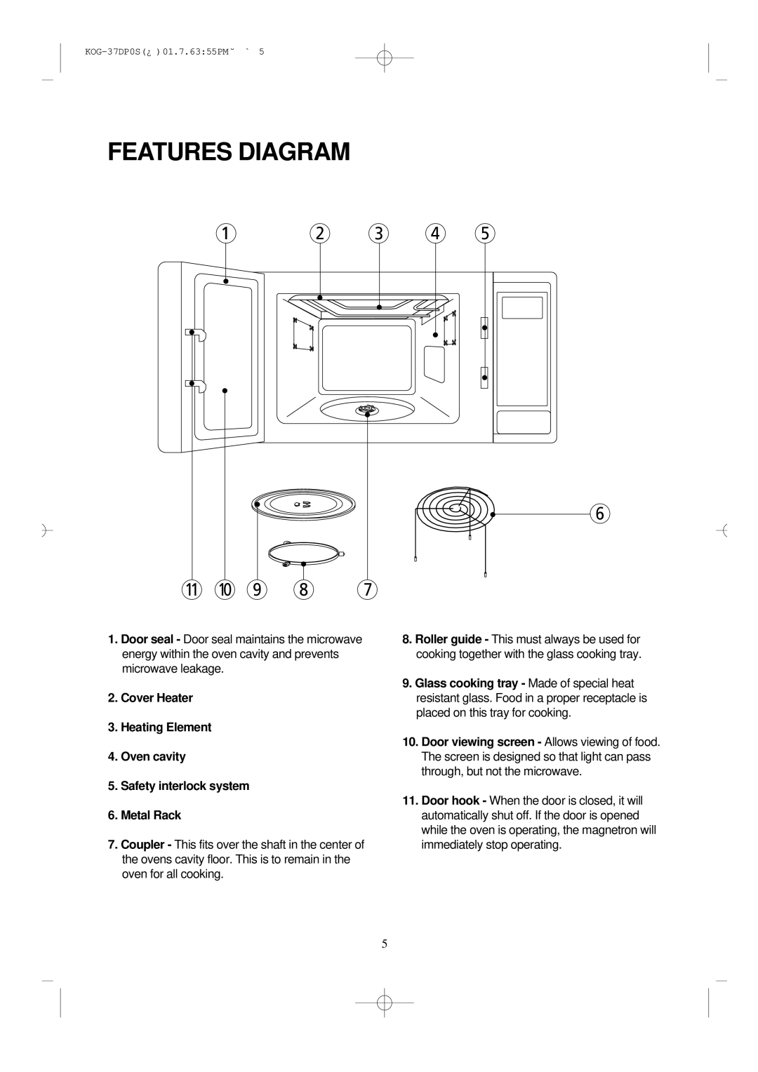 Daewoo KOG-37DP0S manual Features Diagram, 3 4 9 8 